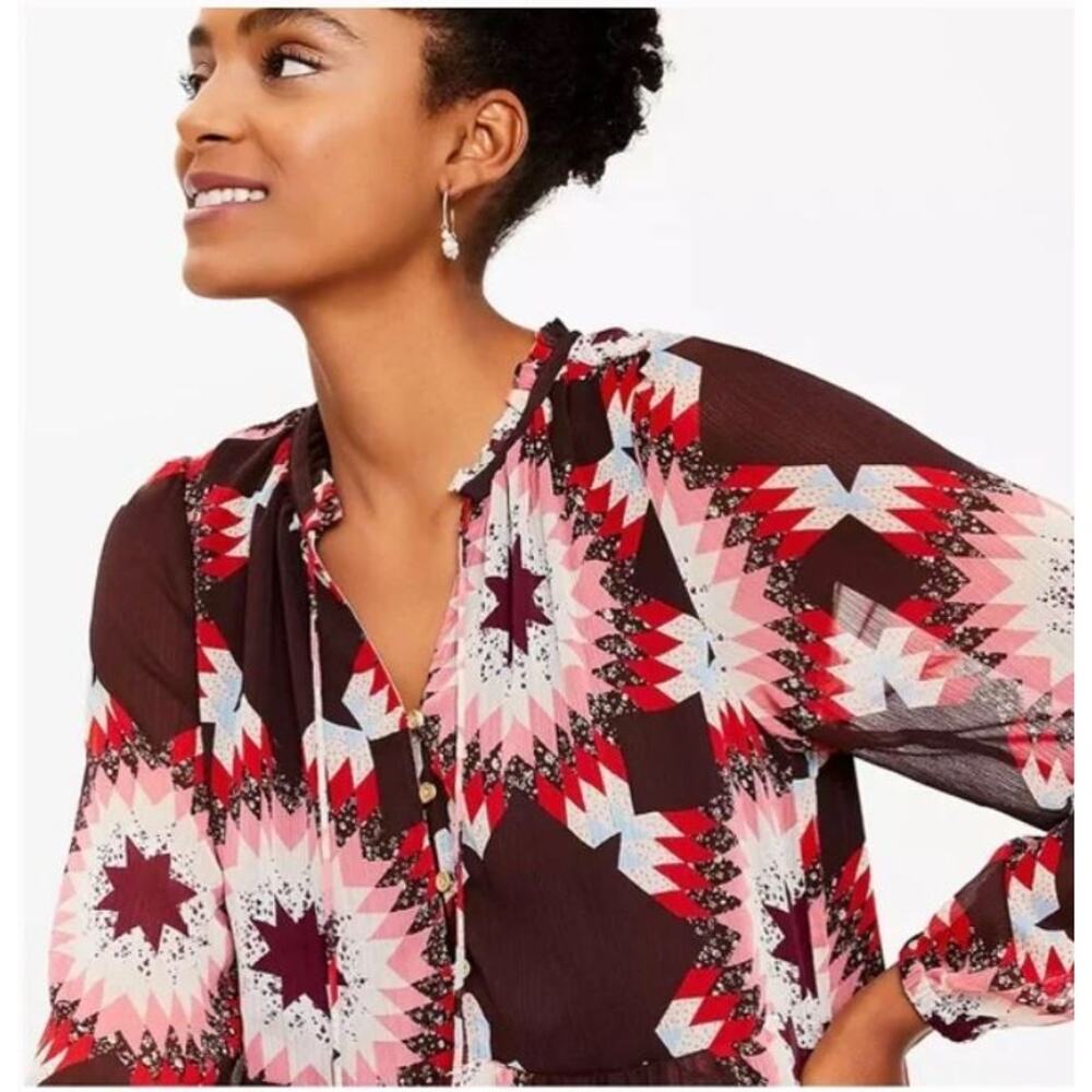 Ann Taylor Loft Patchwork Tie Neck Flounce Dress … - image 2